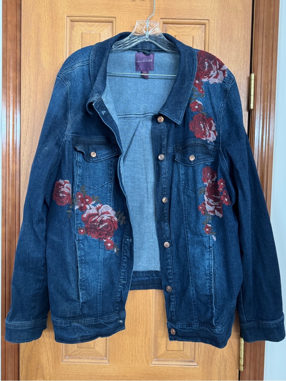 Gloria Vanderbilt Dark Blue Denim Plus Size Jean Jacket Red Rose Embroidery 3XL